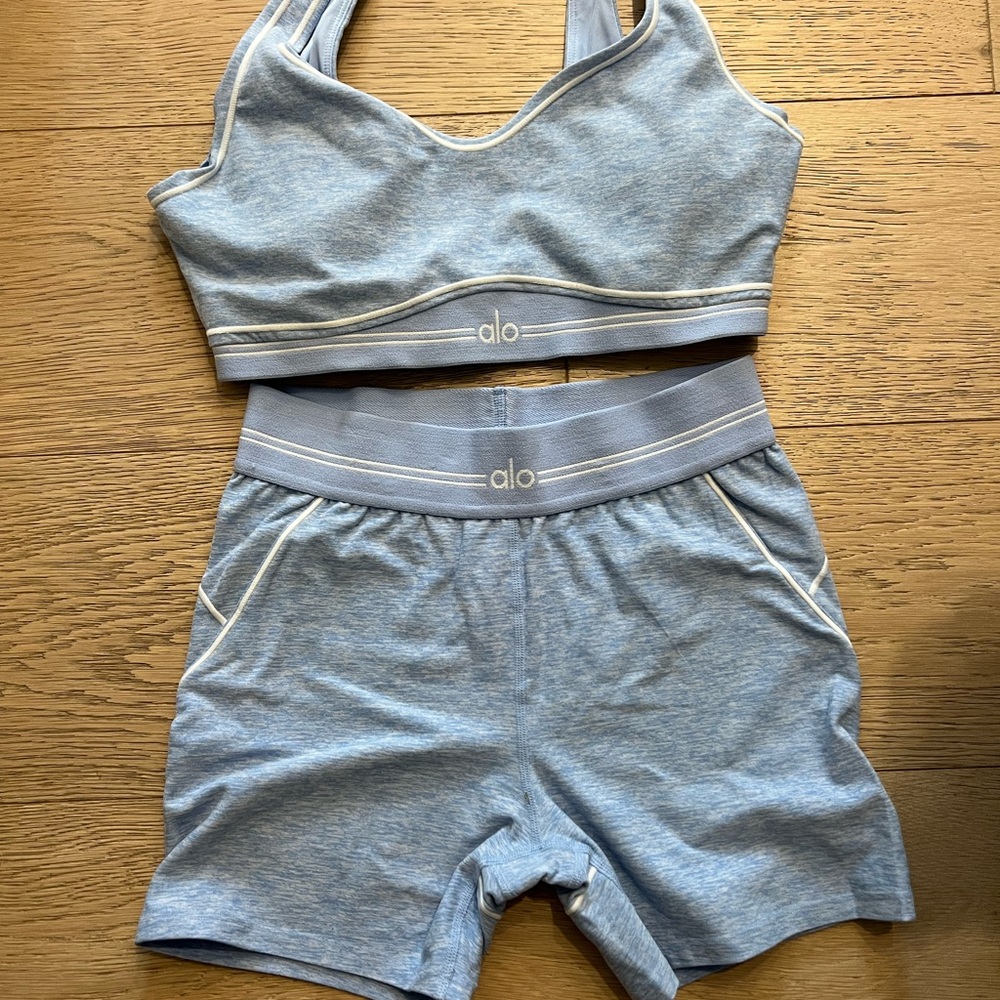 ALO Yoga Light Blue Sports Bra and Shorts Set